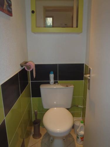 une salle de bain avec des toilettes blanches et un miroir dans l'établissement APPT 3 PCES MEZ 45m2 et TERRASSE 7m2 REF4000, à Le Castellas