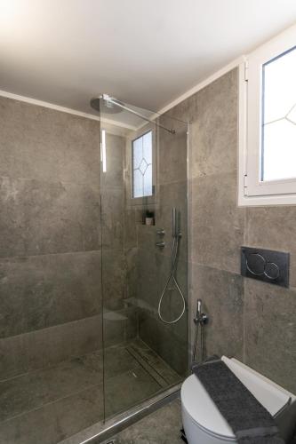 a bathroom with a glass shower with a toilet at Pergola in Pollonia