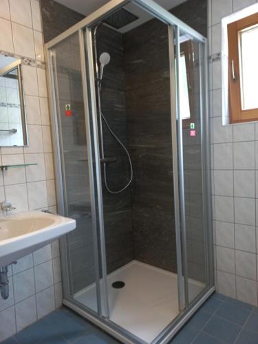 prysznic ze szklanymi drzwiami obok umywalki w obiekcie Haus Pinzger w mieście Fendels