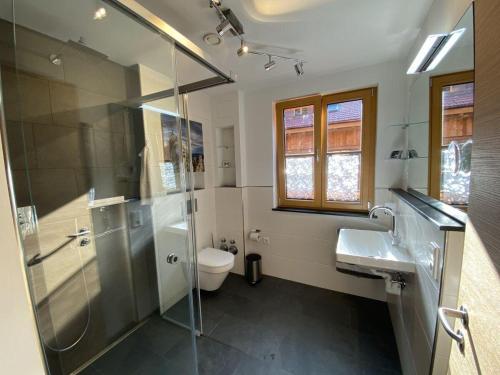 uma casa de banho com um chuveiro, um lavatório e um WC. em Residenz-Traithenblick em Bayrischzell