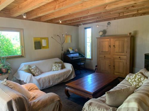un salon avec deux canapés et un piano dans l'établissement Jolie maison en bois avec piscine, à Saint-Césaire-de-Gauzignan