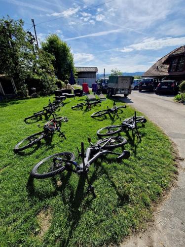 a group of bikes laying on the grass in a field at Bühl 3 in Affoltern