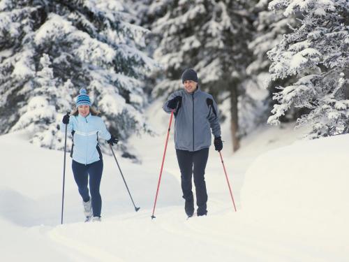 two people cross country skiing in the snow at Deerhurst Resort in Huntsville