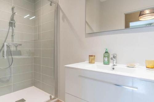 une salle de bain blanche avec un lavabo et une douche dans l'établissement Luxe et déco anglaise Tours centre Loire Valley, à Tours