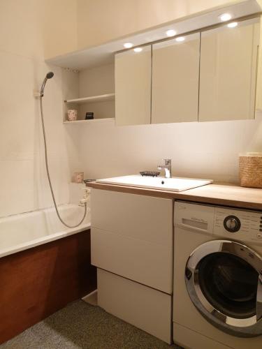 une salle de bain avec une machine à laver et un lavabo dans l'établissement Bel appartement lumineux T3 Terrasse, à Nice