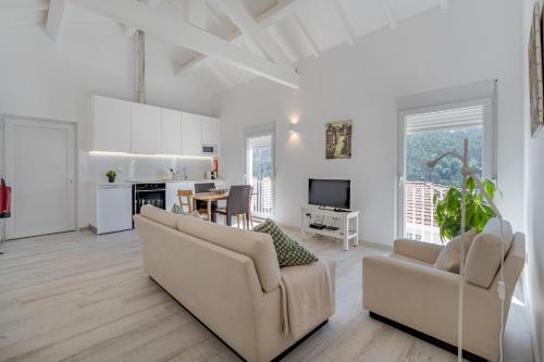 a living room with two couches and a kitchen at Casa da Quinta in Foz do Sousa