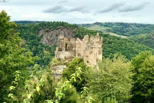 an old castle sitting on top of a mountain at Gîte au Bray in Bellenaves