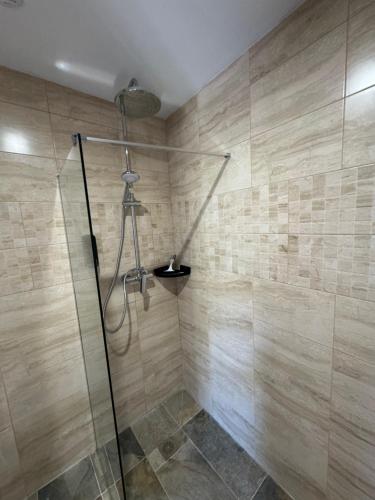 a shower with a glass door in a bathroom at Casa Duseña Luna in Hondón de las Nieves