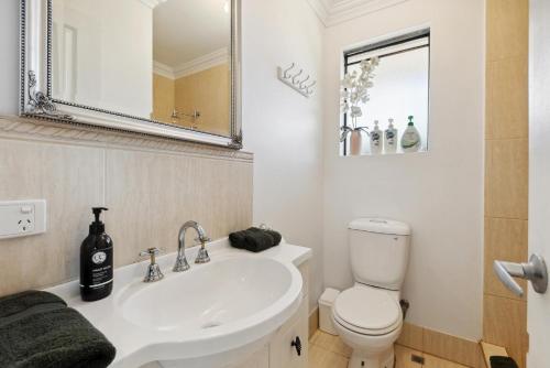 柏斯的住宿－WOOD14 - River Suite，一间带水槽、卫生间和镜子的浴室
