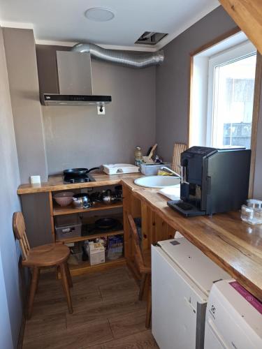 a kitchen with a counter with a sink and a microwave at Kraavi Guest Hostel in Kuressaare