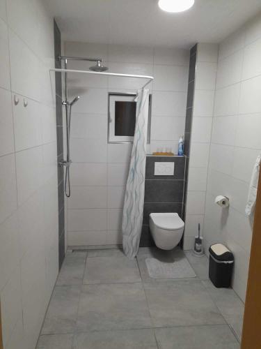 Ένα μπάνιο στο Ferienwohnung im FEWO Rosenhaus Volz
