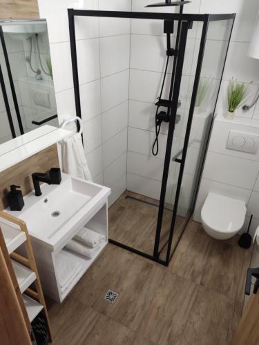 a bathroom with a white sink and a toilet at Apartment Zagalo in Sveta Nedelja