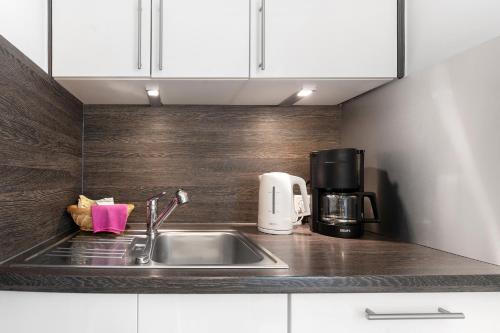 a kitchen counter with a sink and a coffee maker at Ferienwohnung Angeln in Ulstrupfeld
