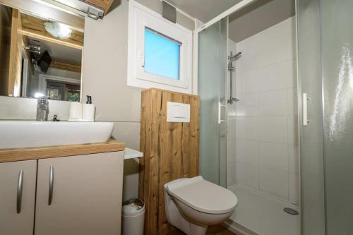 a bathroom with a toilet and a sink and a shower at Cozy and Chic Little House with Pool Ivinj-1 Vodice in Tisno
