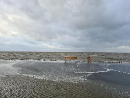 a bench sitting on the beach near the ocean at Haus Austernfischer in Schweiburg