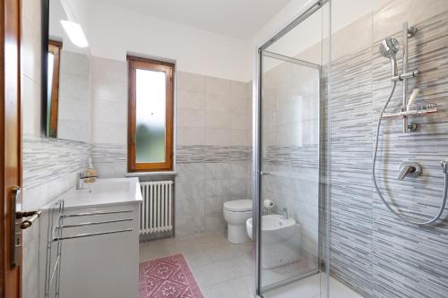 a bathroom with a shower and a toilet and a sink at Elena e Joerg 1 in Vezzi Portio