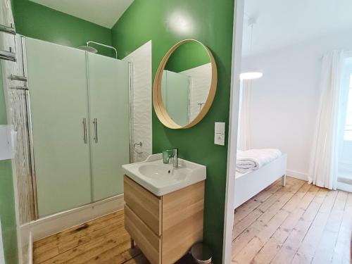 a green bathroom with a sink and a mirror at Le Télécab', T5, wifi, cave, ascenseur, 8 personnes in Luchon