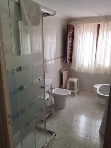 a bathroom with a shower and a toilet and a sink at Hotel Los Hidalgos in Santillana del Mar