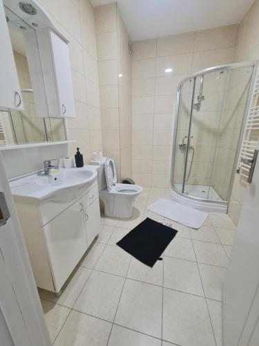 uma casa de banho com um lavatório, um chuveiro e um WC. em Apartment 06 em Gjilan