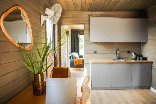 a kitchen in a tiny house with a sink and a mirror at Ruciane Park - Mazury resort & spa in Ruciane-Nida