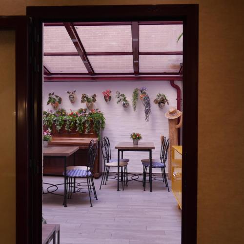 a dining room with a table and chairs and plants at Hostal 4C Cuatro Caminos in Madrid
