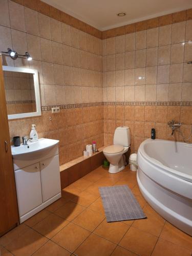 y baño con bañera, aseo y lavamanos. en Giedres apartaments-Alkava, en Kaunas
