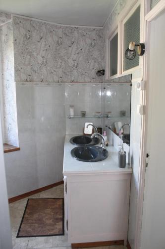 a small bathroom with a sink and a mirror at Gîte Puivertain in Puivert