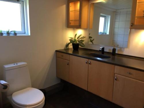 uma casa de banho com um WC branco e um lavatório. em Motel Villa Søndervang 3 personers værelse em Harndrup