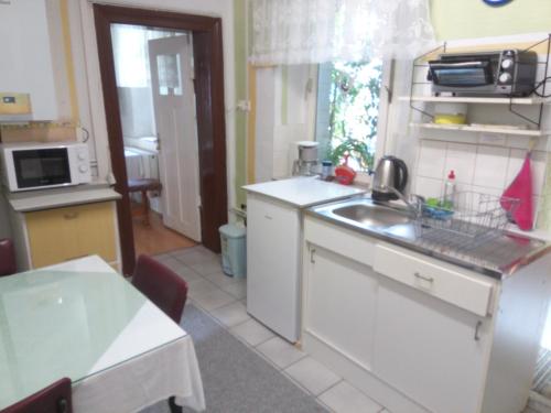 a kitchen with a sink and a counter top at Pension Heike in Schönebeck