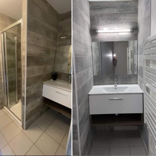 - deux photos d'une salle de bains avec lavabo et miroir dans l'établissement Ma jolie petite maison de la plage, à Vendres