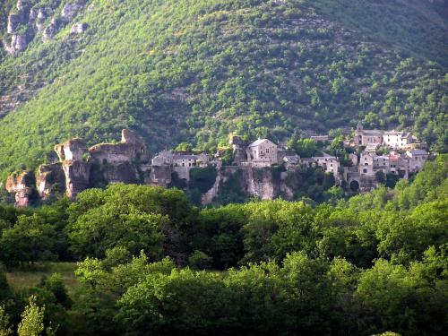 un village au sommet d'une montagne rocheuse dans l'établissement Gites Castel de Cantobre - Le Griffon, à Cantobre