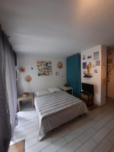 une chambre avec un lit et un rideau bleu dans l'établissement T2 avec jardin et terrasse au pied du mont Saint Martin à 400m du port, au Cap d'Agde