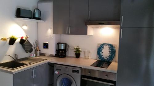 une cuisine avec une machine à laver et un évier dans l'établissement T2 avec jardin et terrasse au pied du mont Saint Martin à 400m du port, au Cap d'Agde