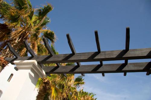 a wooden pergola next to a palm tree at Aparthotel Esquinzo Y Monte Del Mar in Playa Jandia