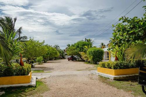 a driveway with palm trees and a car parked on it at Apartamento en condominio frente al mar #29 in Tolú
