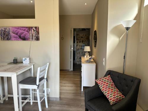 a living room with a table and a chair at Le Domaine de Piedmoure, Gîtes et chambres, piscine, terrasses privatives in Sault-de-Vaucluse