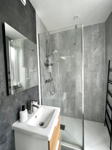 une salle de bain avec un lavabo blanc et une douche dans l'établissement Le Duhamel, Rennes centre gare, à Rennes