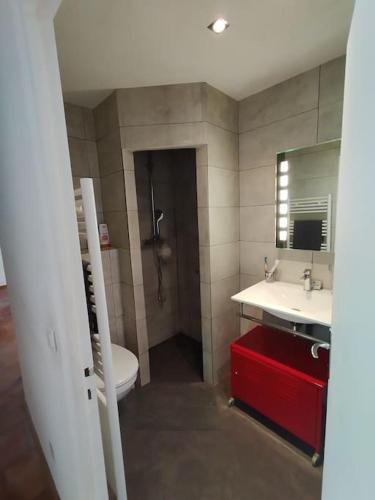 une salle de bain avec une douche, des toilettes et un lavabo dans l'établissement Maison piscine proche St Tropez, à Gassin