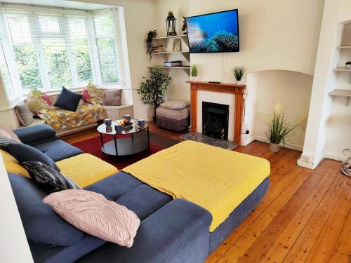 a living room with a blue couch and a fireplace at Epicsa - Corporate & Family Stay in 3 Bedroom House with Garden, FREE parking in Cambridge