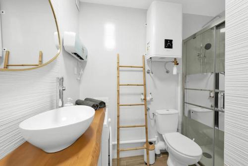 a bathroom with a sink and a toilet and a mirror at La lumière du Midi-Oncopole à 5 minutes-clim in Toulouse