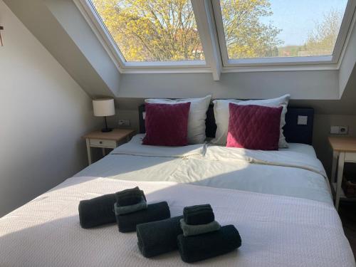 a bedroom with a large bed with a window at Rue Haute by M&M 4 sterren bed en breakfast vlakbij Maastricht in Eben-Emael