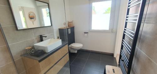 a bathroom with a sink and a toilet and a mirror at Le Cocon des Mardors in Couternon