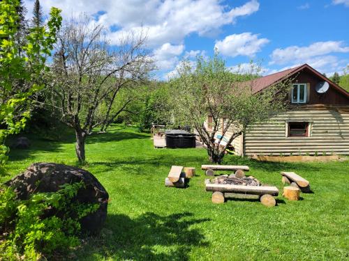 um quintal com mesas de piquenique e uma casa em Retraite au lac avec SPA privé et embarcations em Saint Adolphe D'Howard