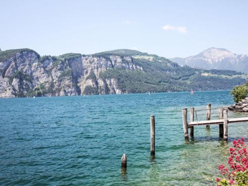 a dock in the water with mountains in the background at Holiday Home Villa am See 3 by Interhome in Sisikon