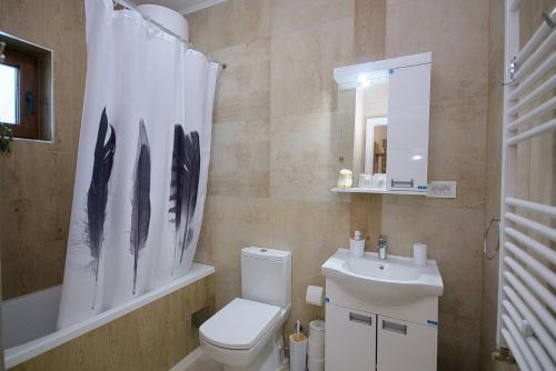 a bathroom with a toilet and a sink and a mirror at AnRo in Palić