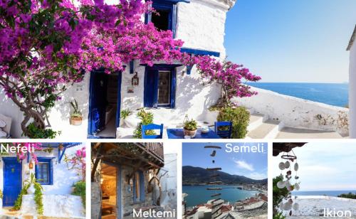 een collage van foto's van een huis met paarse bloemen bij Villea Seaview Apartments in Skopelos Town