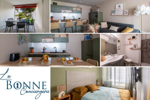 un collage de photos d'une cuisine et d'une chambre dans l'établissement Paradis du soleil * Terrasse * Plage à 5 min *, à La Grande Motte