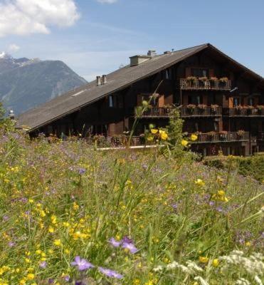 a building on a hill with a field of flowers at B & B Hôtel Aux Mille Etoiles in Les Marécottes