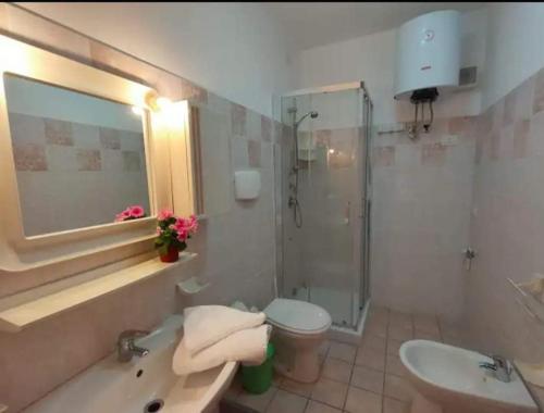 a bathroom with a sink and a toilet and a shower at Apartment Girasole in Acquedolci