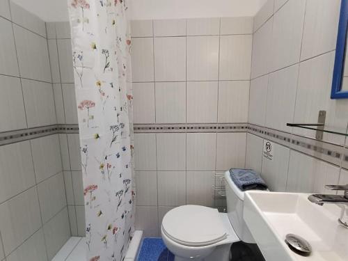 a bathroom with a toilet and a sink at Happy Home in Agia Triada